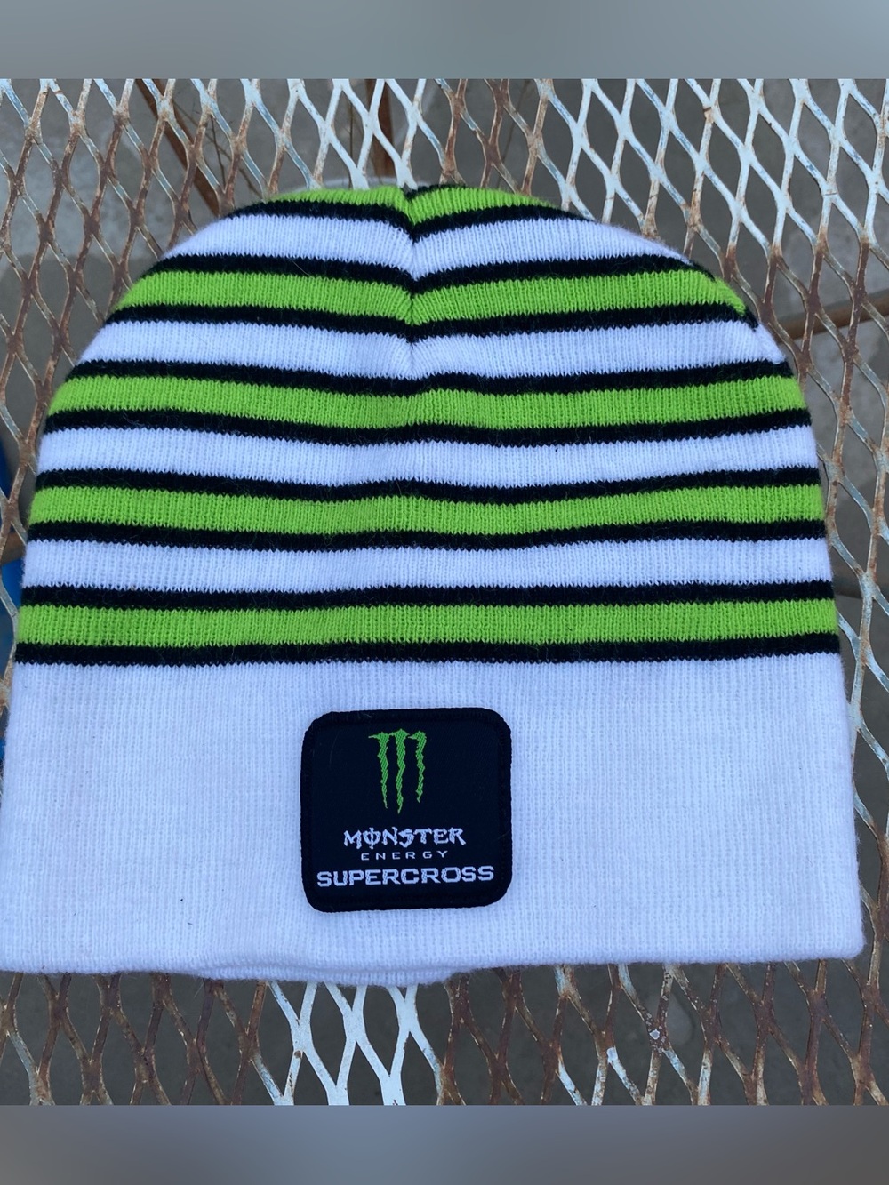Monster Energy AMA Supercross Hat Beanie Striped White Green Winter Sports